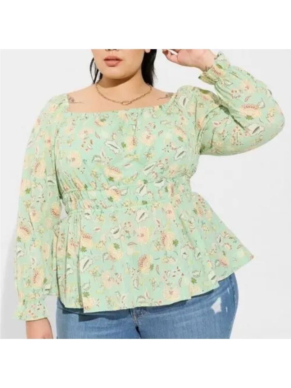 Torrid Cotton Clip Dot Blouson Sleeve Smocked Top Green Floral Women Sz 2 (2X)